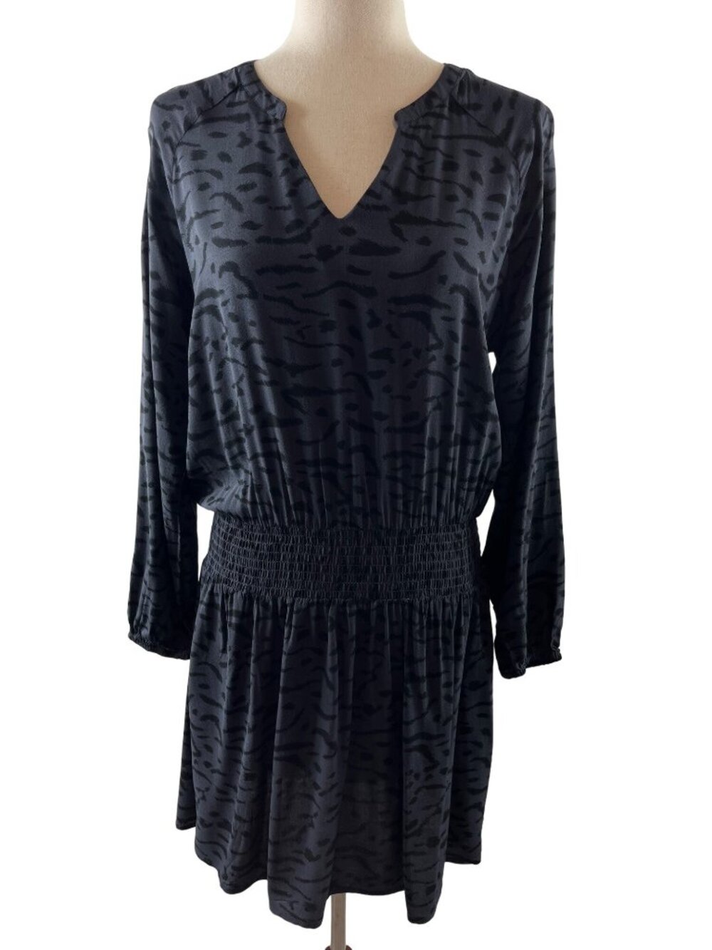 Lascana Animal Print Smocked Waist Mini Dress Size 6 Charcoal Gray Viscose Boho